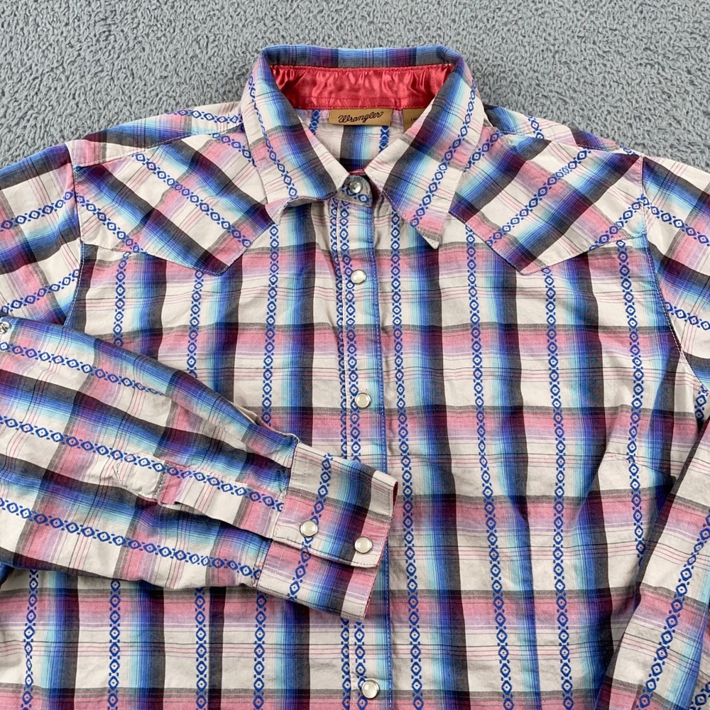 Wrangler Shirt Womens Medium Multicolor Plaid Western Pearl Snap Rodeo Button Up